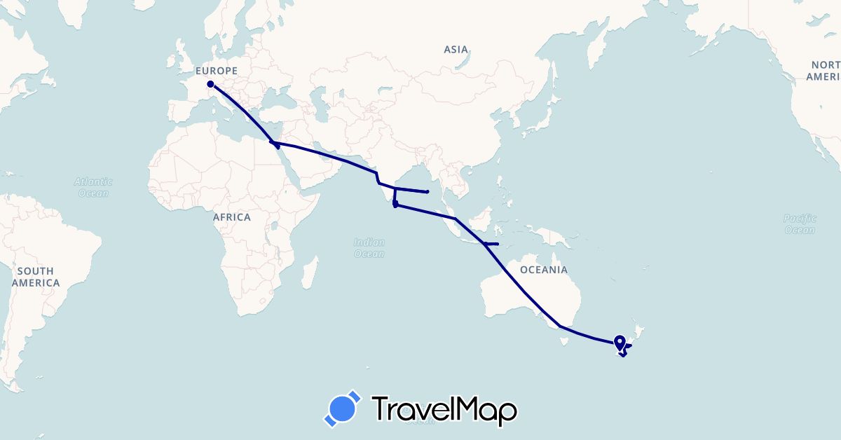 TravelMap itinerary: driving in Australia, Bahrain, Switzerland, Germany, Egypt, Indonesia, India, Sri Lanka, New Zealand, Singapore (Africa, Asia, Europe, Oceania)